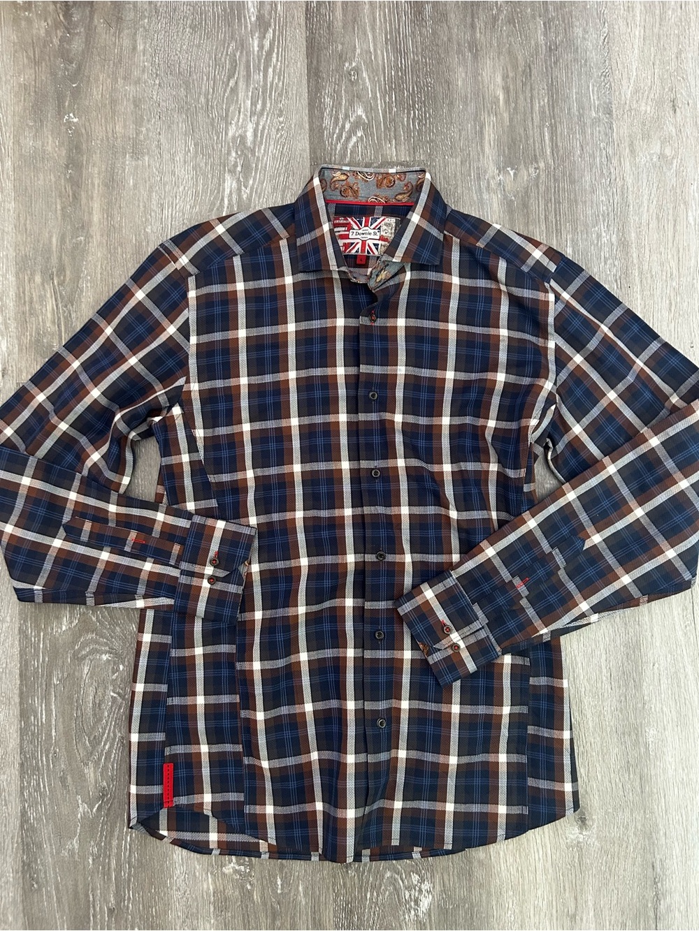 7 Downie Street Premium Cotton Plaid Button-Down Shirt - Navy & Brown Size Med